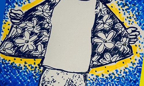 Drawing of a person with jacket open full of shiny flowers.