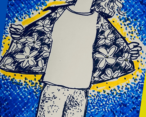 Drawing of a person with jacket open full of shiny flowers.